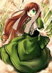  bad_id bad_pixiv_id brown_hair crack dress green_dress green_eyes hairband heterochromia highres long_hair open_mouth red_eyes rozen_maiden solo suiseiseki very_long_hair visualcat 