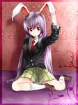  aldehyde animal_ears bad_id bad_pixiv_id blazer bunny_ears ear_grab highres jacket lavender_hair long_hair necktie purple_hair red_eyes red_neckwear reisen_udongein_inaba skirt solo touhou 