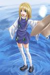  bad_id bad_pixiv_id blonde_hair blue_eyes eyes hat legs moriya_suwako short_hair solo thighhighs touhou wasabichan water zettai_ryouiki 