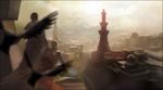  altair_ibn_la-ahad assassin's_creed assassin's_creed_(series) bird black_hair city cityscape cloud hood lens_flare male_focus malik_al-sayf multiple_boys robe scenery tower 