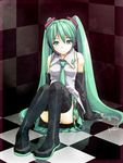  akiyama_nenehisa arm_support bare_shoulders checkered checkered_background checkered_floor detached_sleeves green_eyes green_hair hatsune_miku headset long_hair looking_at_viewer necktie panties pantyshot pantyshot_(sitting) sitting skirt solo thighhighs twintails underwear very_long_hair vocaloid 