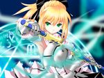  absurdres artoria_pendragon_(all) bare_shoulders blonde_hair caliburn detached_sleeves dress fate/stay_night fate/unlimited_codes fate_(series) gauntlets glyph green_eyes hair_ribbon highres md5_mismatch nagirin ponytail ribbon saber saber_lily sheath solo sword unsheathing weapon 