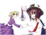  bad_id bad_pixiv_id bag blonde_hair blue_eyes brown_hair dress frilled_dress frills hat holding_hands kenuu_(kenny) long_sleeves maribel_hearn mob_cap multiple_girls necktie red_eyes ribbon simple_background touhou umbrella usami_renko white_background yakumo_yukari 