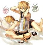  1girl aqua_eyes bad_id bad_pixiv_id blonde_hair brother_and_sister kagamine_len kagamine_rin lying mg_(mica) mouth_hold pillow short_hair siblings sleepy twins vocaloid 