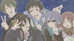  3girls alternate_costume alternate_hairstyle asahina_mikuru bad_id bad_pixiv_id cardigan kita_high_school_uniform koizumi_itsuki kouyouen_academy_uniform kyon long_hair multiple_boys multiple_girls nagato_yuki night night_sky oekaki one_eye_closed scarf school_uniform serafuku short_hair sky suzumiya_haruhi suzumiya_haruhi_no_shoushitsu suzumiya_haruhi_no_yuuutsu takumi_(scya) v 