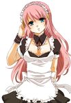  apron aqua_eyes breasts cleavage hairband headphones highres long_hair maid medium_breasts megurine_luka pink_hair simple_background solo vocaloid yucco_kxoxc 