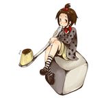  bad_id bad_pixiv_id brown_eyes brown_hair copyright_request food forehead hair_bobbles hair_ornament high_ponytail kneehighs m_eme mary_janes oversized_object polka_dot pudding shoes short_hair sitting socks solo spoon striped striped_legwear 