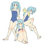  ahoge aitatata! barefoot blue_hair bow competition_school_swimsuit feet flat_chest futaba_channel hair_bow hairband koronu koronu_korinne legs multiple_girls one-piece_swimsuit red_eyes school_swimsuit sitting sketch soles swimsuit toes twintails 