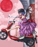  barefoot bat_wings blue_hair elbow_gloves feet full_moon gloves goggles goggles_on_head ground_vehicle helmet highres honda_metropolitan moon motor_vehicle red_eyes red_moon remilia_scarlet scooter short_hair solo touhou wings yossyzero 