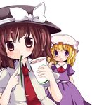  blonde_hair brown_eyes brown_hair cup drinking_straw futami_yayoi hat ice ice_cube maribel_hearn multiple_girls purple_eyes short_hair touhou usami_renko 