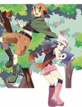  boots capelet cloak gen_4_pokemon green_capelet green_footwear hat headband hikari_(pokemon) midriff mizuki_(31ten) multiple_girls natane_(pokemon) navel piplup poke_ball pokemon pokemon_(creature) pokemon_(game) pokemon_dppt scarf tree 