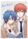  angel_beats! blue_eyes blue_hair book brown_eyes brown_hair chashibu hinata_(angel_beats!) male_focus multiple_boys otonashi_(angel_beats!) school_uniform 