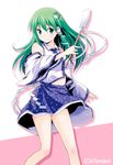  detached_sleeves frog green_eyes green_hair hair_ornament kochiya_sanae long_hair midriff shide skirt snake solo tomokichi touhou 