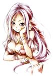  arm_support bare_shoulders blue_eyes bow bracelet breasts chin_rest cleavage corset dragon_quest dragon_quest_ix earrings hair_bow jewelry long_hair marumari_shia medium_breasts ruida smile solo 