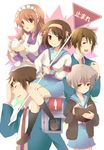  3girls asahina_mikuru bad_id bad_pixiv_id book brown_eyes brown_hair cup grey_hair hairband hizuno kita_high_school_uniform koizumi_itsuki kyon long_hair maid multiple_boys multiple_girls nagato_yuki school_uniform serafuku short_hair sign suzumiya_haruhi suzumiya_haruhi_no_yuuutsu teacup teapot traffic_light 