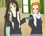  akiyama_mio bad_id bad_pixiv_id black_eyes black_hair brown_eyes brown_hair gift hairband k-on! long_hair mittens multiple_girls ore_deshita scarf school_uniform short_hair tainaka_ritsu 