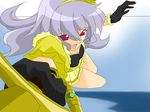  beyond_the_nobles breasts cleavage gloves hairband hetarekuru idolmaster idolmaster_(classic) long_hair medium_breasts parody pleated_skirt purple_eyes shijou_takane shoujo_kakumei_utena silver_hair skirt solo sword weapon yellow_hairband 