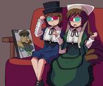  3d_glasses brown_hair commentary couch dog doll dvd_(object) gothic_lolita haiteku heterochromia kunkun lolita_fashion long_hair multiple_girls no_legwear pipe puppet rozen_maiden siblings sisters souseiseki suiseiseki translated twins 