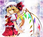  blonde_hair finger_gun flandre_scarlet fragran0live hands hat long_hair looking_back one_eye_closed outstretched_arm outstretched_hand ribbon short_hair side_ponytail solo touhou wallpaper wings yellow_eyes 