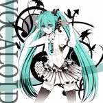  aqua_eyes aqua_hair arms_up bad_id bad_pixiv_id fingerless_gloves gloves hatsune_miku headphones highres lace lace-trimmed_thighhighs long_hair monochrome nakiko necktie open_mouth skirt solo spot_color thighhighs twintails very_long_hair vocaloid 