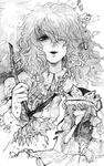  arm_garter chain chihiro_(kemonomichi) covering_mouth flower greyscale hair_over_one_eye hand_over_own_mouth hat kazami_yuuka lips monochrome multiple_girls petals plaid plaid_vest shiki_eiki sunflower touhou vest 