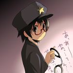  black_hair brown_eyes cuffs face glasses handcuffs hat k-on! looking_back manabe_nodoka police police_hat red-framed_eyewear semi-rimless_eyewear short_hair smile solo translated under-rim_eyewear watarai_keiji 