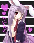  animal_ears breasts bunny_ears character_name hair_censor hair_over_breasts heart lavender_hair long_hair medium_breasts minamoto_mamechichi mouth_hold naughty_face necktie off_shoulder open_clothes open_shirt red_eyes red_neckwear reisen_udongein_inaba shirt solo touhou translated very_long_hair 