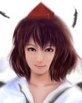  bad_id bad_pixiv_id brown_eyes brown_hair face feathers harusame_(unmei_no_ikasumi) hat looking_at_viewer photorealistic realistic shameimaru_aya smile solo tokin_hat touhou 
