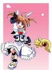  bow fingerless_gloves gloves hair_ribbon left-handed lyrical_nanoha magazine_(weapon) magical_girl mahou_shoujo_lyrical_nanoha purple_eyes raising_heart red_bow red_hair ribbon solo takamachi_nanoha totsuki_tooka twintails windowboxed 