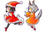  chasing chibi christmas dress geta hat inubashiri_momiji multiple_girls orange_dress red_skirt reindeer running santa_costume shameimaru_aya skirt takanashi_minato tengu-geta thighhighs touhou white_background 