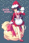  apron bow bowtie brown_hair christmas dress full_body grey_background kimarin long_hair long_sleeves looking_at_viewer orange_eyes original red_bow red_dress red_neckwear sack santa_costume simple_background snowing solo standing waist_apron 