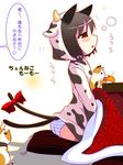  animal_costume animal_ears animal_print bow brown_hair cat cat_ears cat_tail chen costume cow_costume cow_print cushion multiple_tails niwatoriya panties profile red_eyes ribbon short_hair sitting_on_pillow sleepy solo striped striped_panties tail tail_ribbon touhou translated underwear 