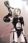  armor armpits axe belt blonde_hair blue_eyes breasts earrings elbow_gloves fighting_stance gloves headband jewelry leather lips lipstick makeup medium_breasts ninja_gaiden rachel_(ninja_gaiden) shadow solo standing thighs tiara weapon 