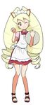  big_hair blonde_hair dress drill_hair green_eyes heriyama long_hair maid one_eye_closed paw_pose ribbon rockman ryuusei_no_rockman sandals shirogane_luna skirt smile solo twintails 