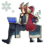  animal_ears antlers back back-to-back bad_id bad_pixiv_id bangs billy_katagiri black_eyes blonde_hair boots christmas computer eating fingerless_gloves food food_on_face full_body gloves graham_aker gundam gundam_00 hat holding holding_food laptop long_hair long_sleeves male_focus mister_bushido multiple_boys otsuo pants pom_pom_(clothes) ponytail purple_hair red_hat reindeer_antlers reindeer_ears santa_hat short_over_long_sleeves short_sleeves simple_background sitting snowflakes vest white_background 