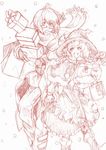  1girl adapted_costume couple fuji_warabi hetero holding_hands interlocked_fingers kirisame_marisa monochrome morichika_rinnosuke red sketch smile snow touhou traditional_media 