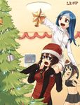  blue_hair brown_hair carrying christmas christmas_tree itsutsu multiple_girls original santa_costume shoulder_carry thighhighs tree zettai_ryouiki 