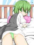  antennae ass bad_id bad_pixiv_id bed blush cape from_behind green_eyes green_hair green_panties looking_at_viewer looking_back lying moro_(pixiv240984) on_stomach panties pillow solo touhou underwear wriggle_nightbug 
