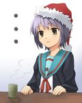  1girl bad_id bad_pixiv_id brown_eyes cardigan christmas cup green_tea hat kita_high_school_uniform nagato_yuki oryou purple_hair santa_hat school_uniform serafuku short_hair solo suzumiya_haruhi_no_yuuutsu tea 