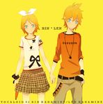  1girl bad_id bad_pixiv_id bow brother_and_sister casual hair_bow kagamine_len kagamine_rin kuko siblings skirt twins vocaloid 