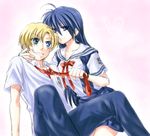  1girl blonde_hair blue_eyes blue_hair clannad genderswap genderswap_(mtf) hikarizaka_private_high_school_uniform ikuhashi_muiko long_hair okazaki_tomomi school_uniform short_hair sunohara_youhei 