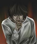  bangs biting black_eyes black_hair death_note l_(death_note) looking_to_the_side lowres male_focus solo sou_igarashi thumb_biting upper_body 