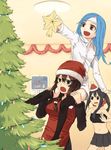  blue_hair brown_hair carrying christmas_tree itsutsu original santa_costume shoulder_carry thigh-highs thighhighs zettai_ryouiki 