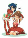  adjusting_hair arms_up bikini blue_hair boots bow brown_hair christmas elbow_gloves front-tie_top glasses gloves green_eyes hair_ornament hairclip mouth_hold multiple_girls original red_eyes red_gloves santa_costume swimsuit thighhighs ukke 