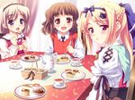  2girls blonde_hair blue_eyes brown_eyes brown_hair cake cat_hair_ornament christof_clement food game_cg hair_ornament kusukusu long_hair lulli multiple_girls non-web_source otoko_no_ko pastry purple_eyes ruriko sakura_strasse short_hair tea tea_set 