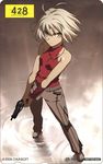  428 androgynous bare_shoulders beretta_93r blonde_hair breasts canaan canaan_(character) grey_eyes gun handgun machine_pistol official_art pistol short_hair sleeveless sleeveless_turtleneck small_breasts solo takeuchi_takashi turtleneck weapon 