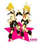  1girl blonde_hair brother_and_sister detached_sleeves highres holding_hands kagamine_len kagamine_rin kuko short_hair shorts siblings twins vocaloid 