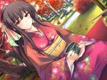  black_hair blush double_teacher_life game_cg garden hanimi_shiina japanese_clothes kimono long_hair outdoors solo tomose_shunsaku 
