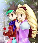  1girl apple artist_request big_hair blonde_hair brown_eyes brown_hair candy_apple drill_hair fingerless_gloves food fruit glasses gloves green_eyes hoshikawa_subaru_(rockman) japanese_clothes kimono long_hair long_sleeves rockman ryuusei_no_rockman scarf shirogane_luna twintails 