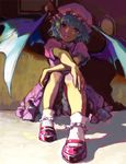  against_wall bad_id bad_pixiv_id bat_wings bloomers blue_hair bobby_socks foreshortening hat head_tilt legs lips mary_janes muted_color red_eyes remilia_scarlet ribbon shoes short_hair sitting socks solo taira touhou underwear wings 